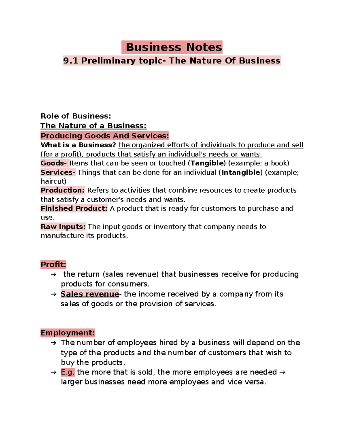 Business Notes- YR11 2024 - Business Notes 9 Preliminary topic- The ...