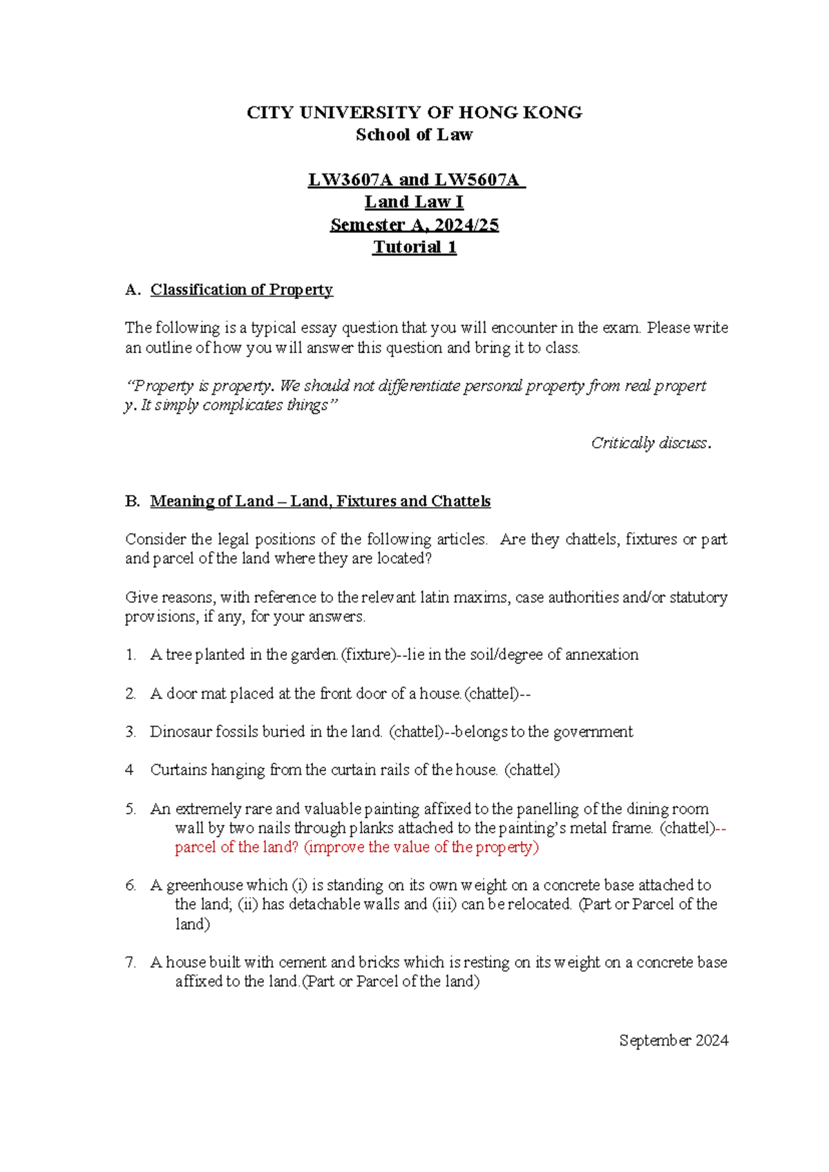 Tutorial 1 - Classification of Property and Fixtures Chattels (2024 ...