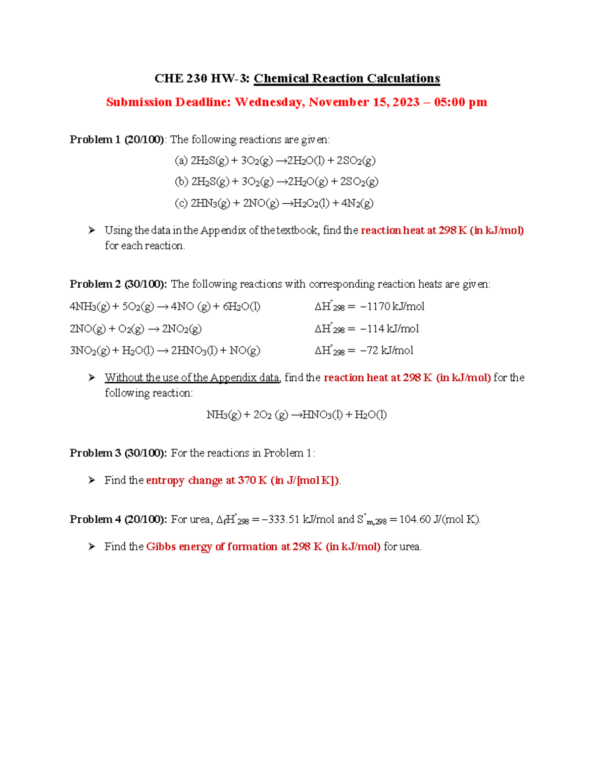 CHE 230 HW-3 Chemical Reaction Calculations - CHE 230 HW-3: Chemical ...