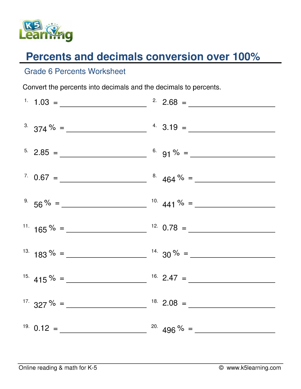 Grade 6 decimals to percents vice versa over 100 percent f - Online ...