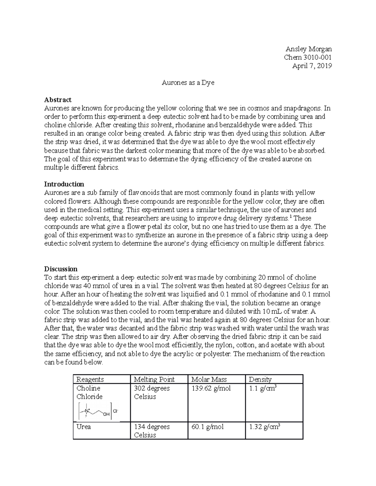 Aurone Dye Lab Report Given by Norma Dunlap Ansley Chem