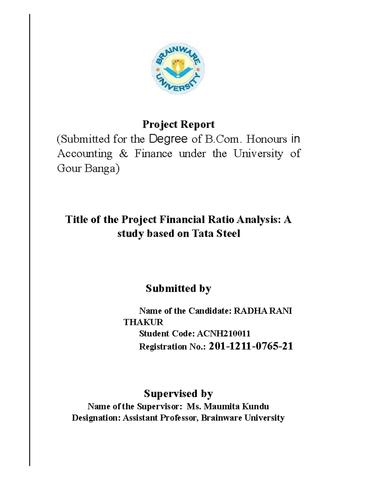 Financial Ratio - Project Report (Submitted for the Degree of B ...