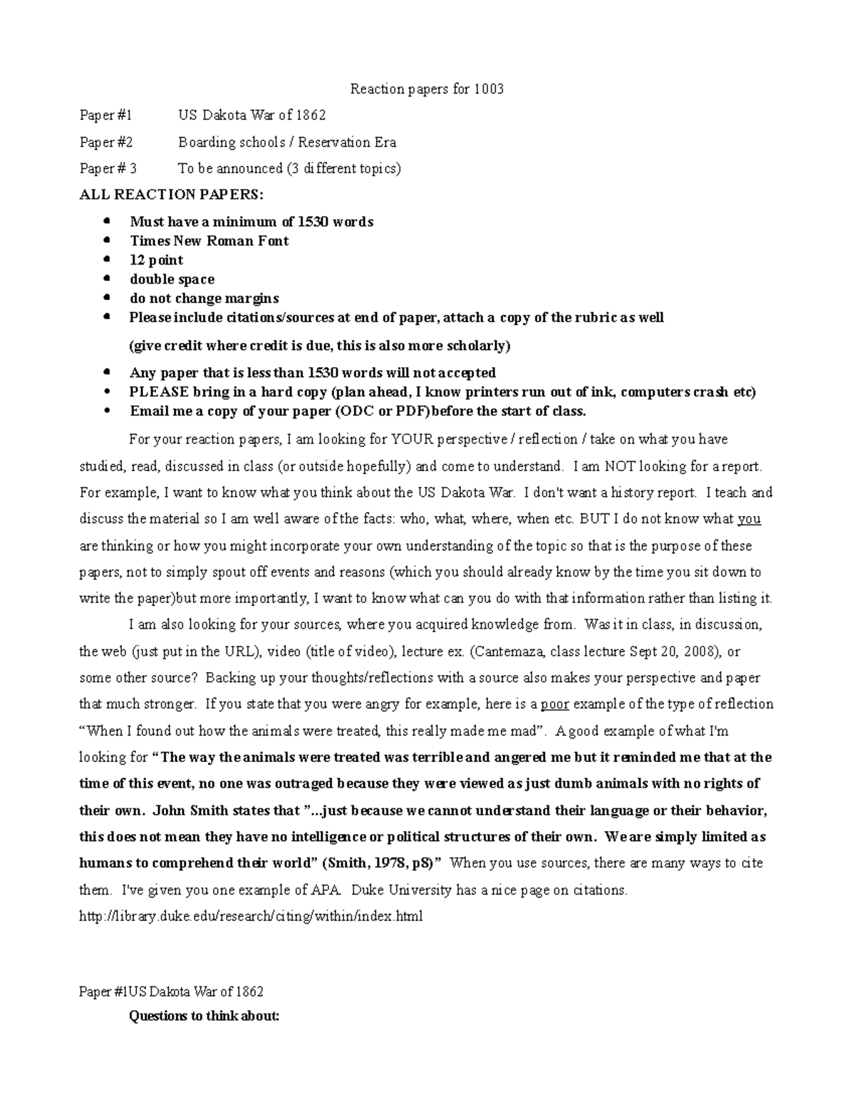 AMIN 1003 Reaction paper guidelines Fall 2016 - Reaction papers for ...