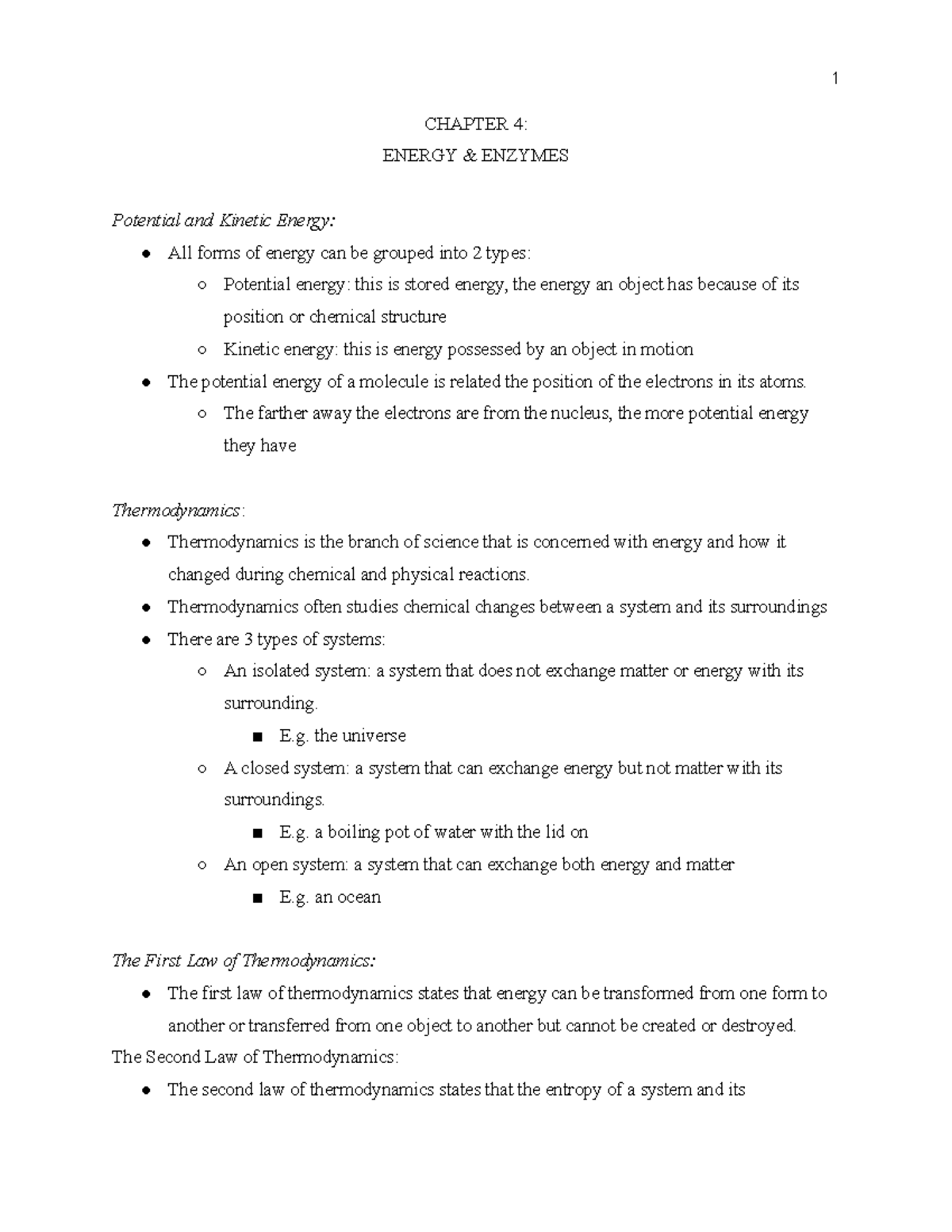 BIOL 1000 Chapter 4 Energy & Enzymes - 1 CHAPTER 4: ENERGY ENZYMES ...