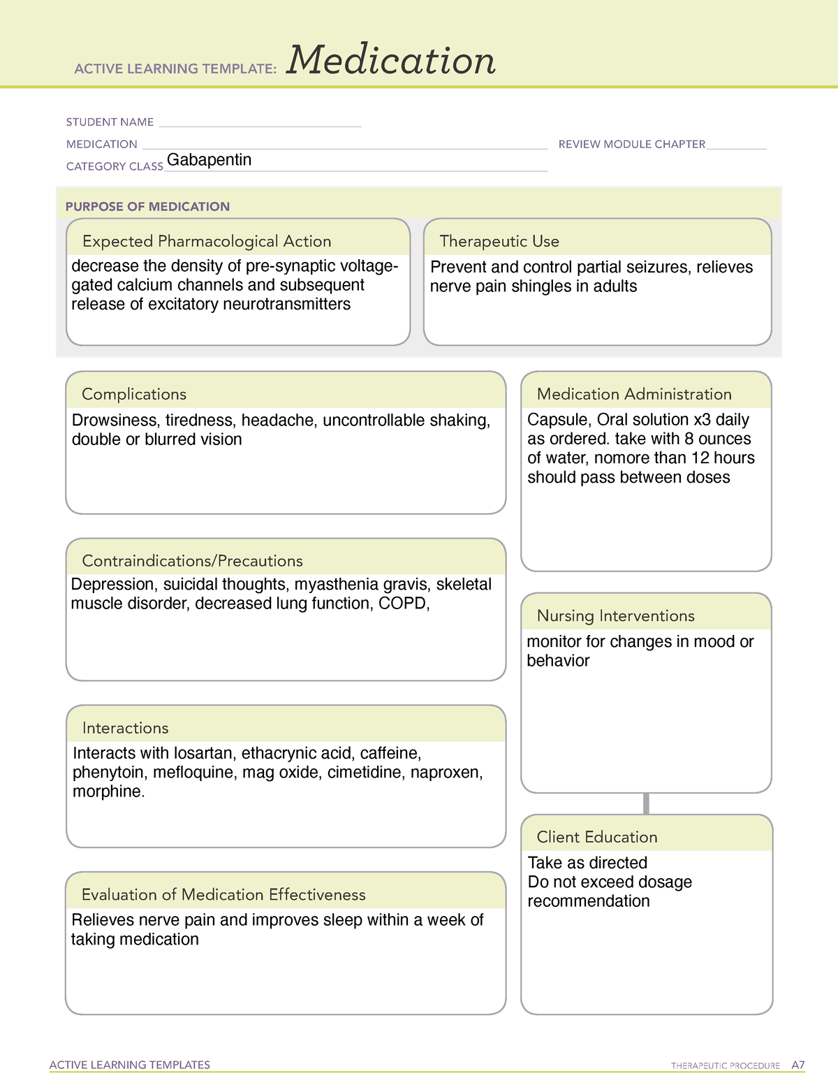 Gabapentin Medcard ACTIVE LEARNING TEMPLATES THERAPEUTIC PROCEDURE