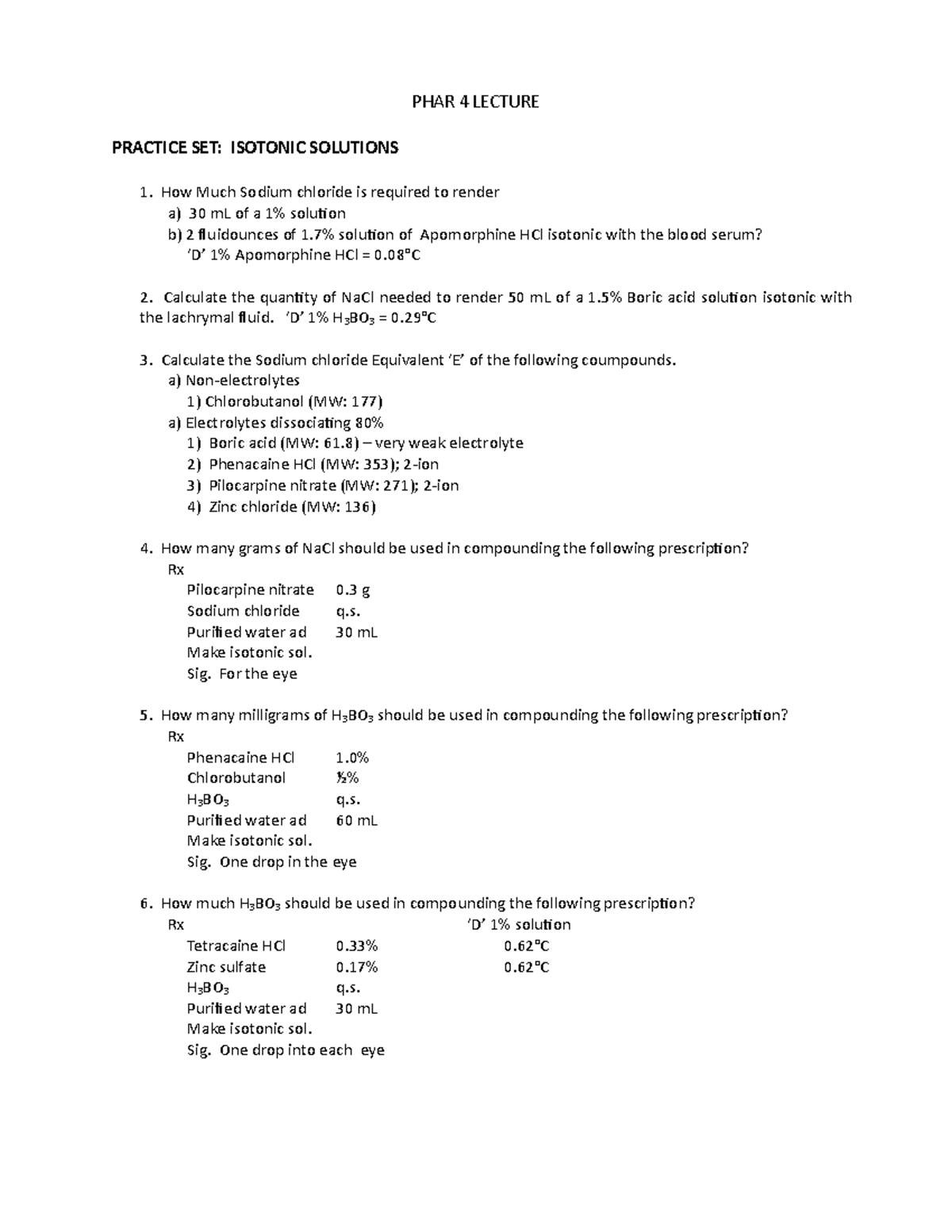 Isotonic Solutions PHAR 4 LECTURE PRACTICE SET ISOTONIC SOLUTIONS