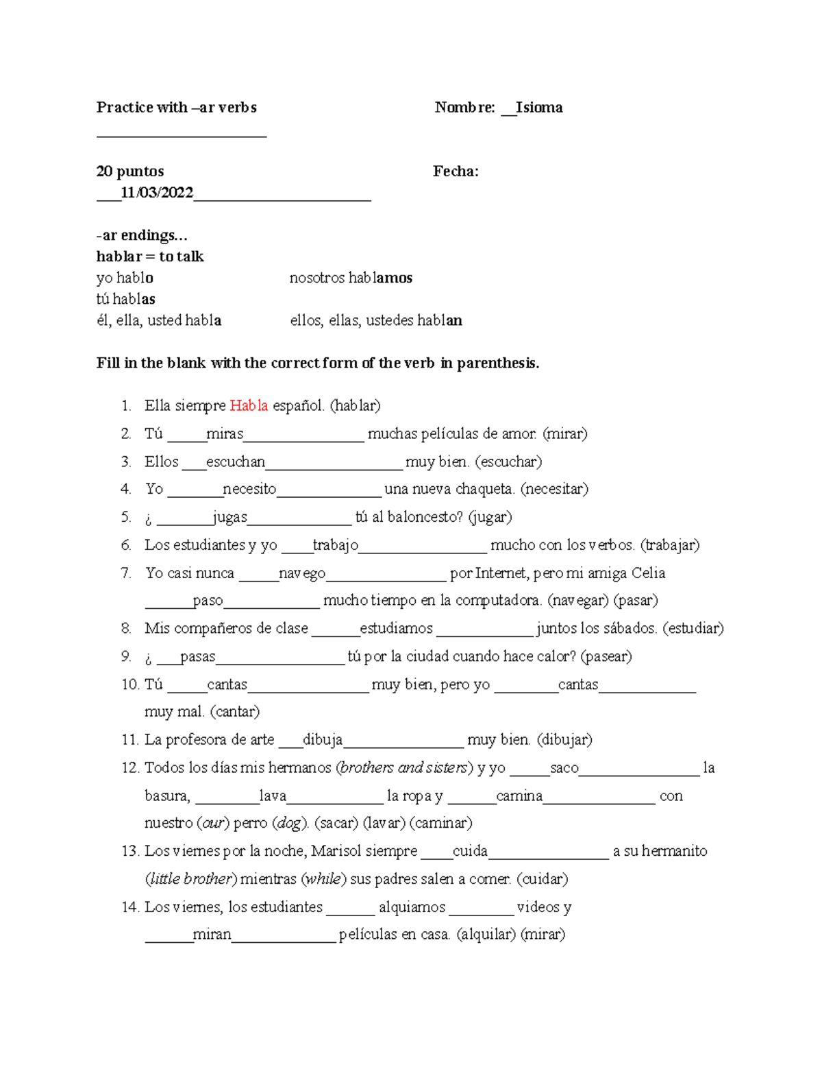 Isioma Chukwuka - AR Verb Practice - 17441949 - Practice with –ar verbs ...