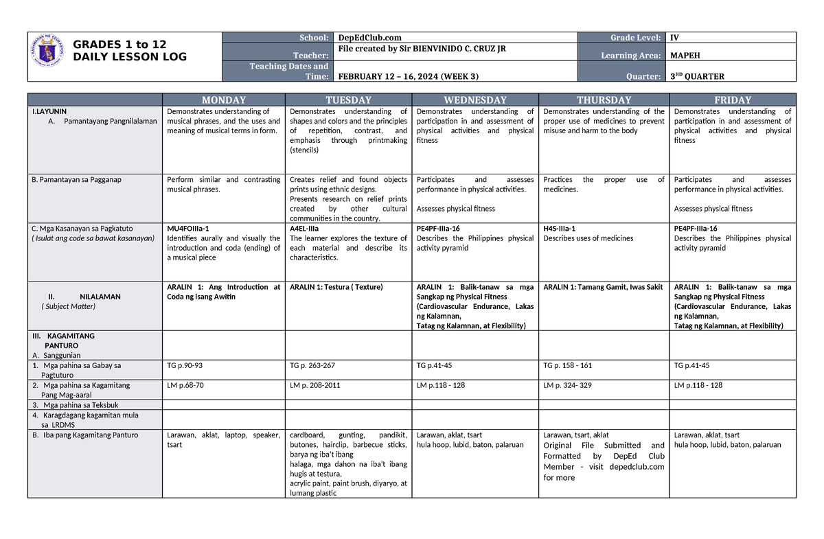 DLL Mapeh 4 Q3 W3 - GRADES 1 to 12 DAILY LESSON LOG School: DepEdClub ...