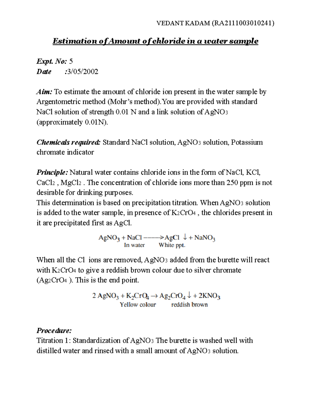 Experiment 5Estimation of Amount of chloride in a water sample