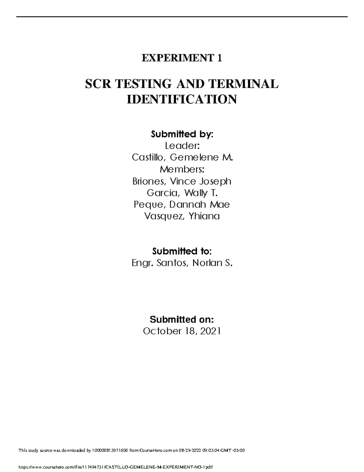 Castillo Gemelene M Experiment NO - EXPERIMENT 1 SCR TESTING AND ...