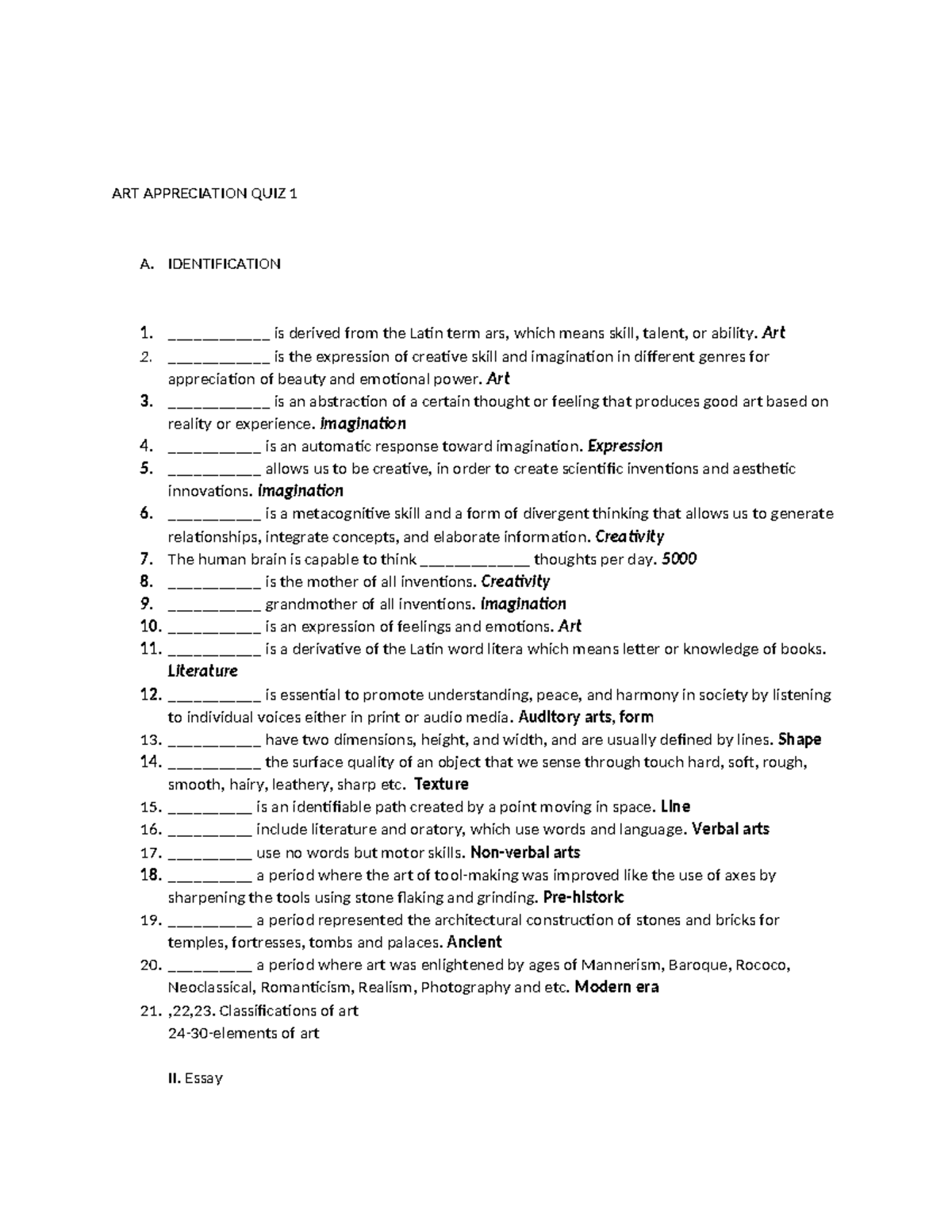 ART Appreciation QUIZ 1 - ART APPRECIATION QUIZ 1 A. IDENTIFICATION ...