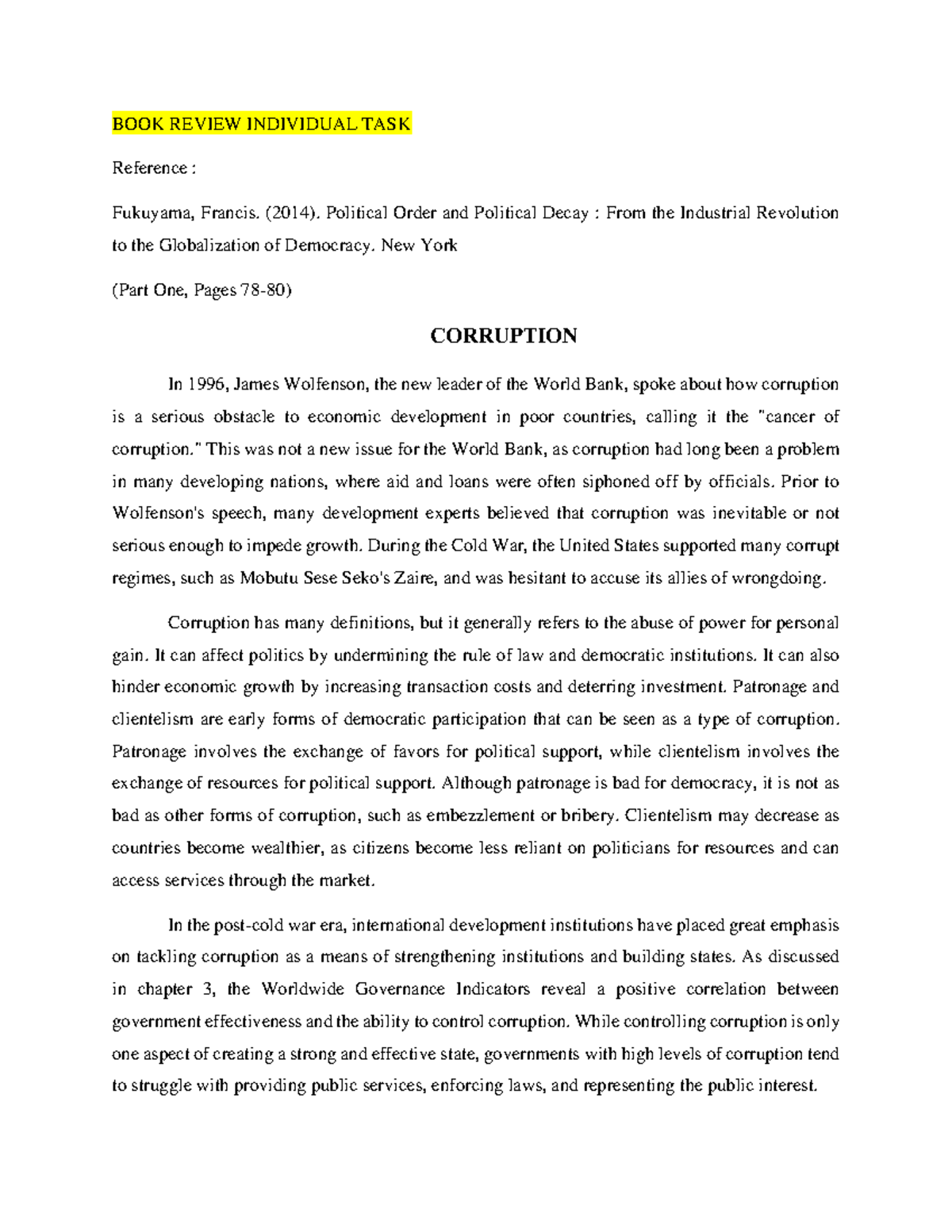 Corruption - BOOK REVIEW INDIVIDUAL TASK Reference : Fukuyama, Francis ...