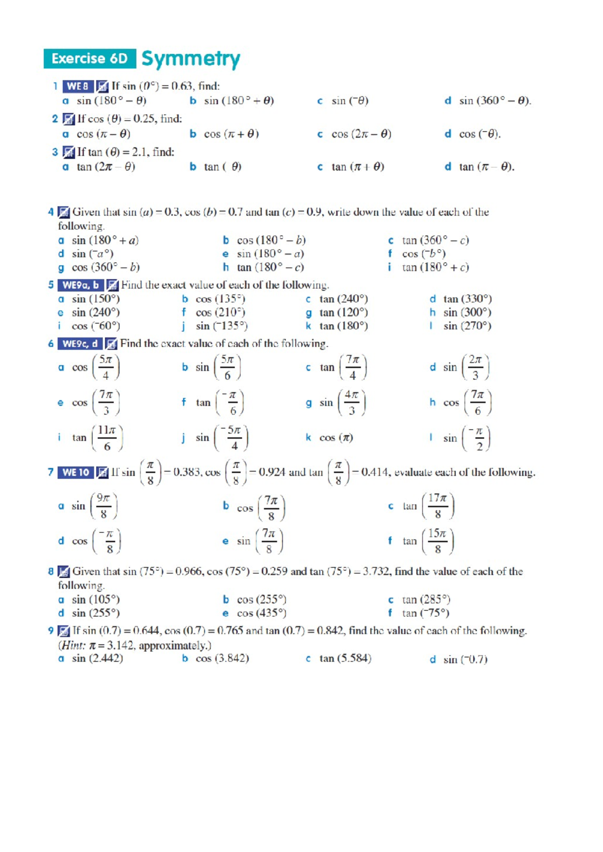 L3 Worksheet - Symmetry of the Unit Circle - Exercise 6D Symmetry 1 WE8 ...