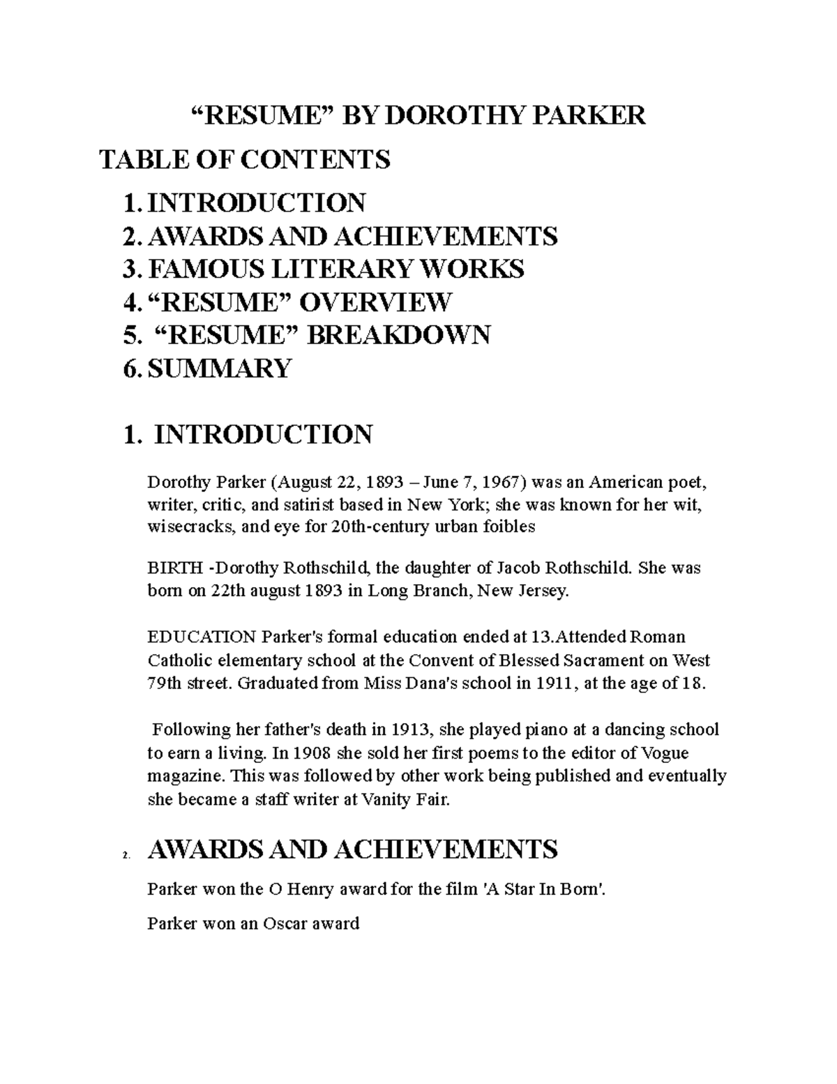 Resume BY Dorothy Parker - “RESUME” BY DOROTHY PARKER TABLE OF CONTENTS ...