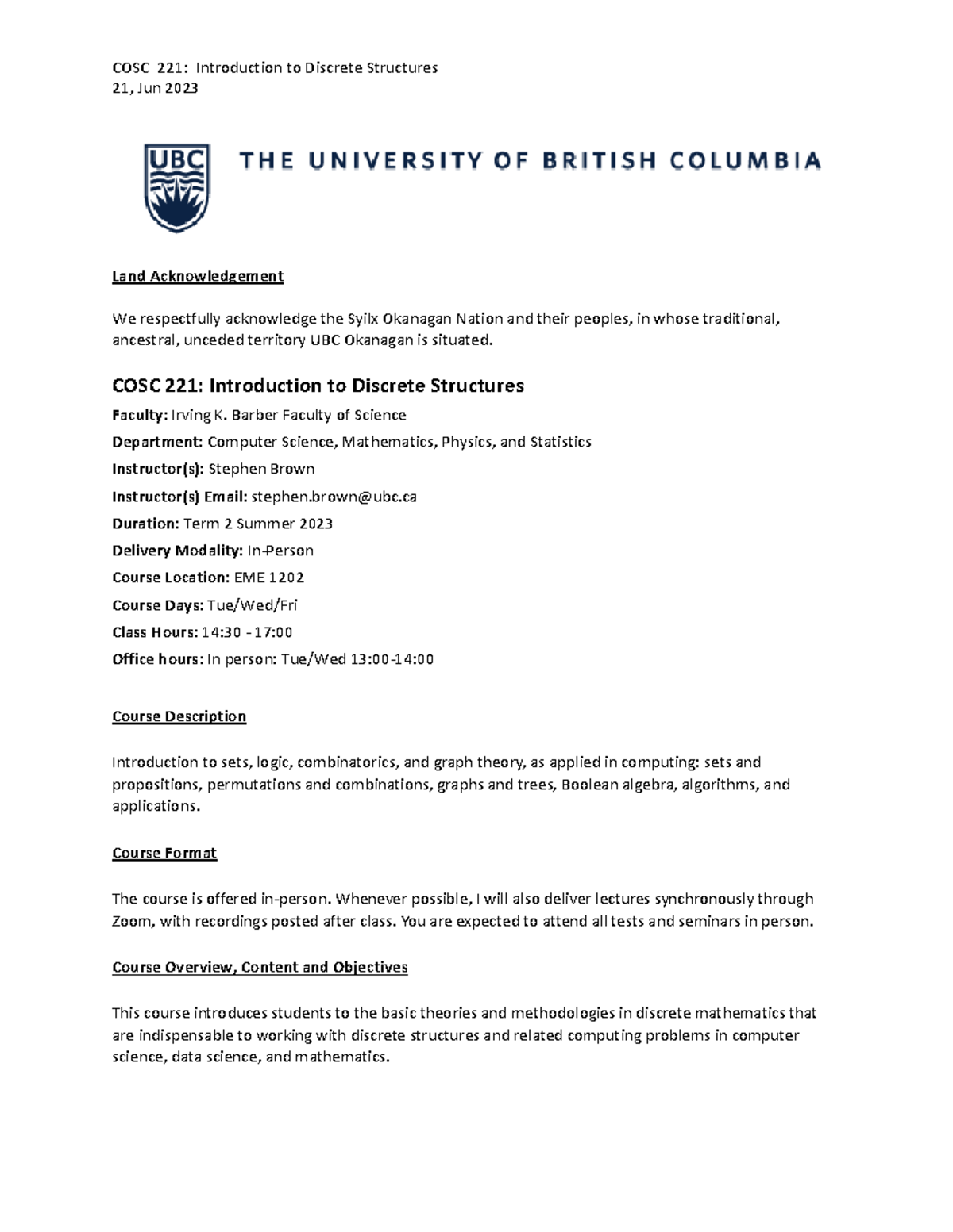 Syllabus Summer 2023 Term 2 - 21, Jun 2023 Land Acknowledgement We ...
