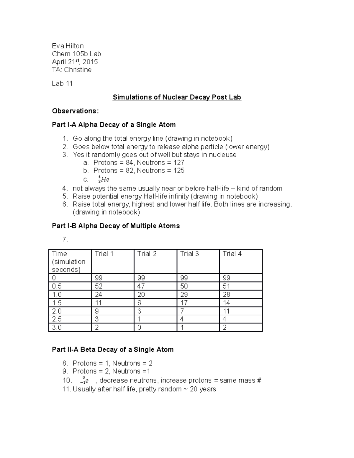 Lab 11 chem 105b nuclear chemistry Eva Hilton Chem 105b Lab April