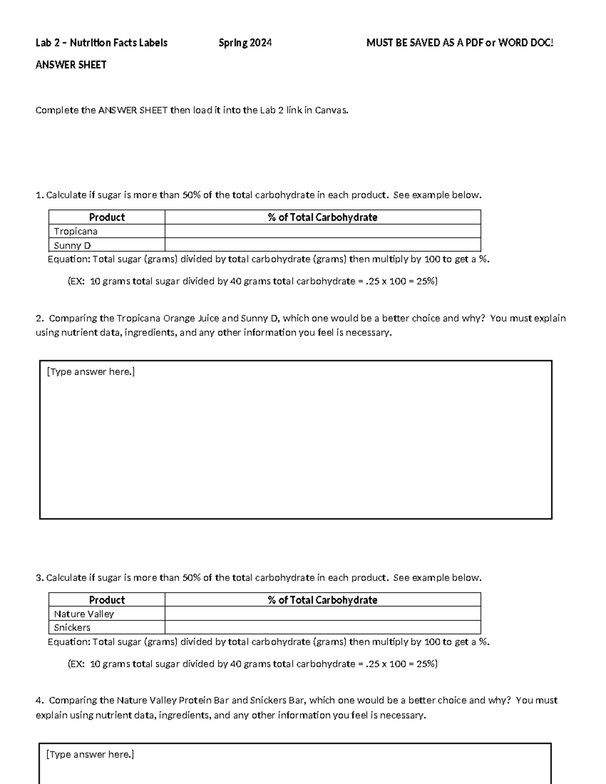 Lab 2 Nutrition Facts answer sheet Spring 2024 Lab 2 Nutrition