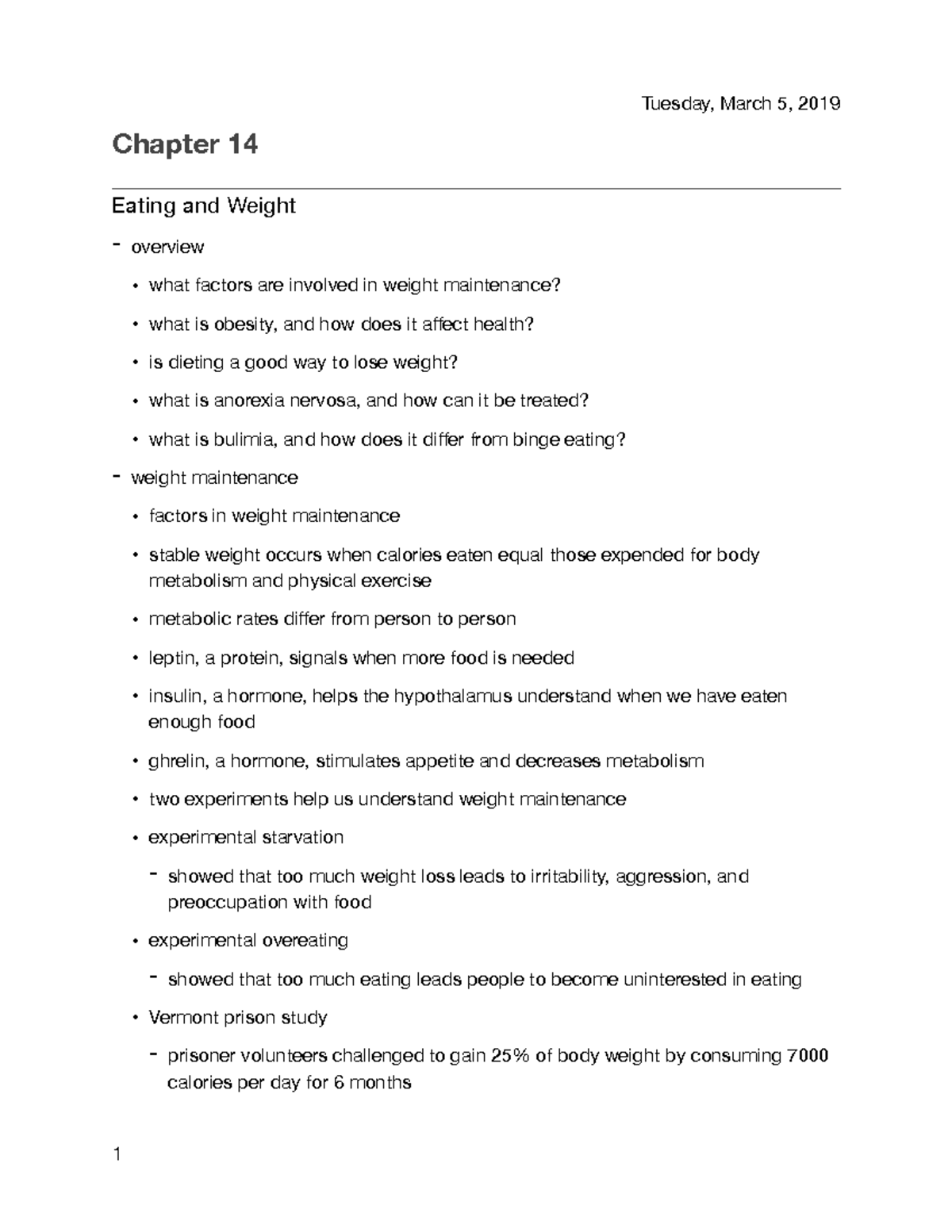 Chapter 14 - lecture notes - Chapter 14 Eating and Weight - overview ...