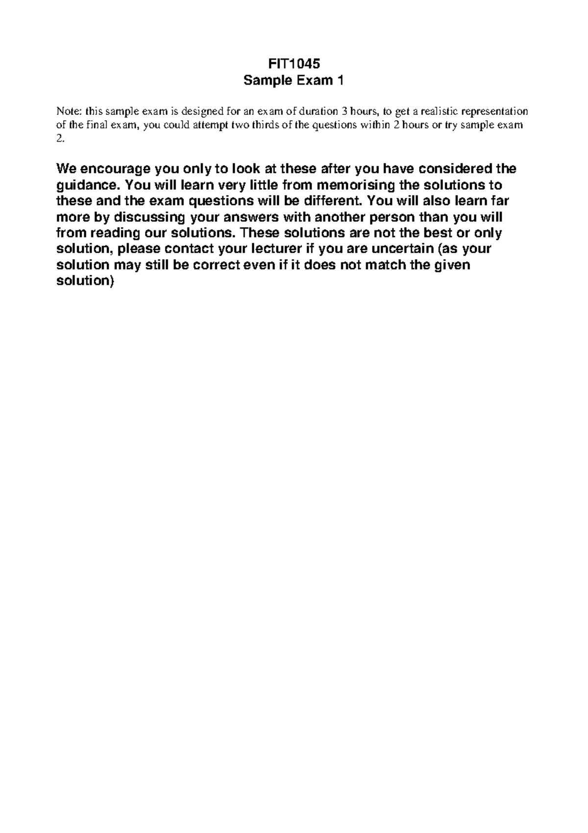 Sample Exam 1045 - possible answers - FIT Sample Exam 1 Note: this ...