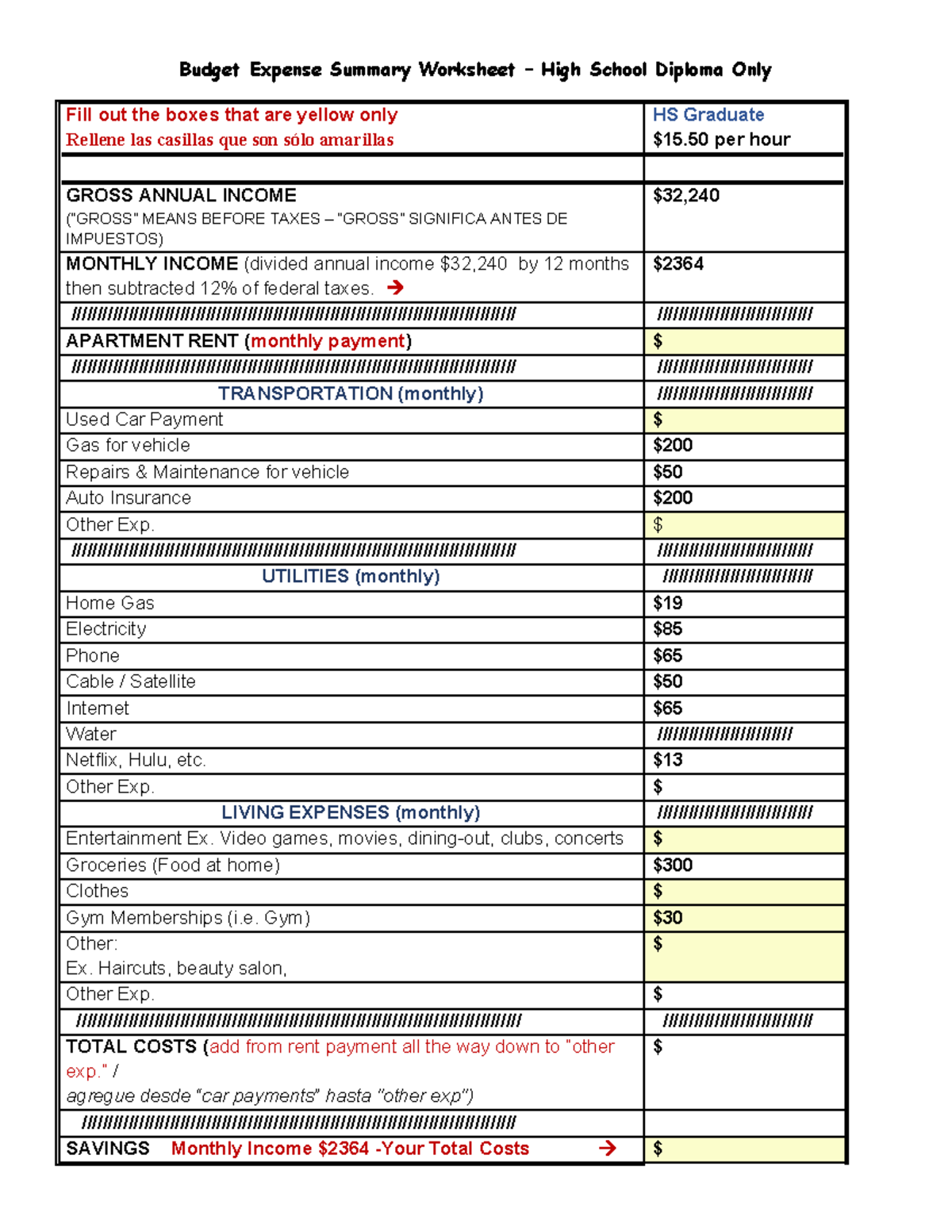 Budget Expense Worsheet without Questions - No Higher Education ...