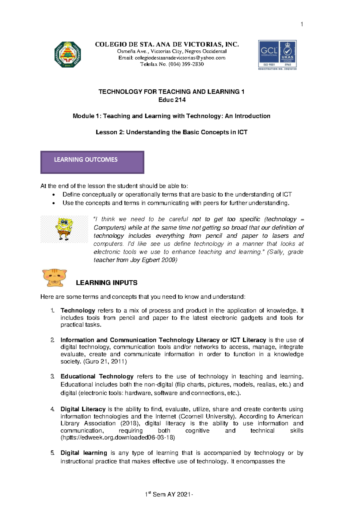 Module 1 - Lesson 2 (Understanding the Basic Concepts in ICT) - 1 st ...