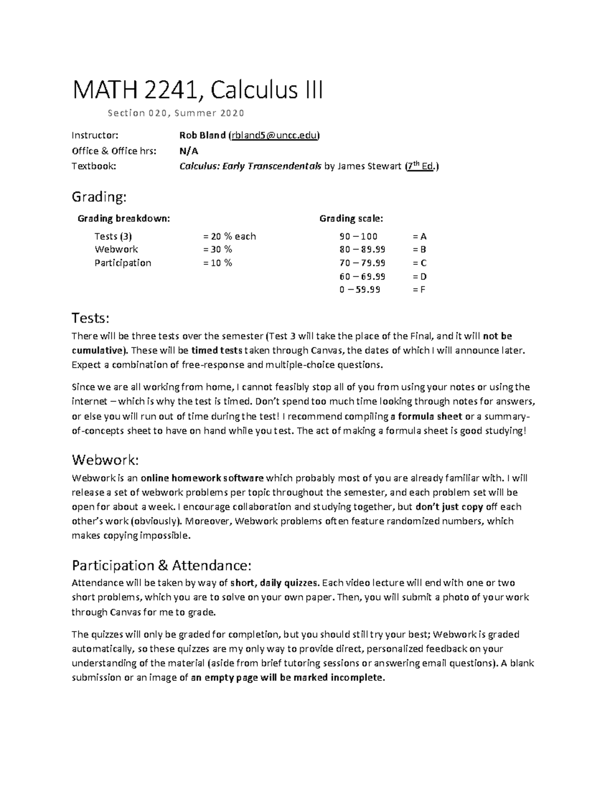 Calculus 3 Syllabus - N/a - MATH 2241, Calculus III Section 020, Summer ...