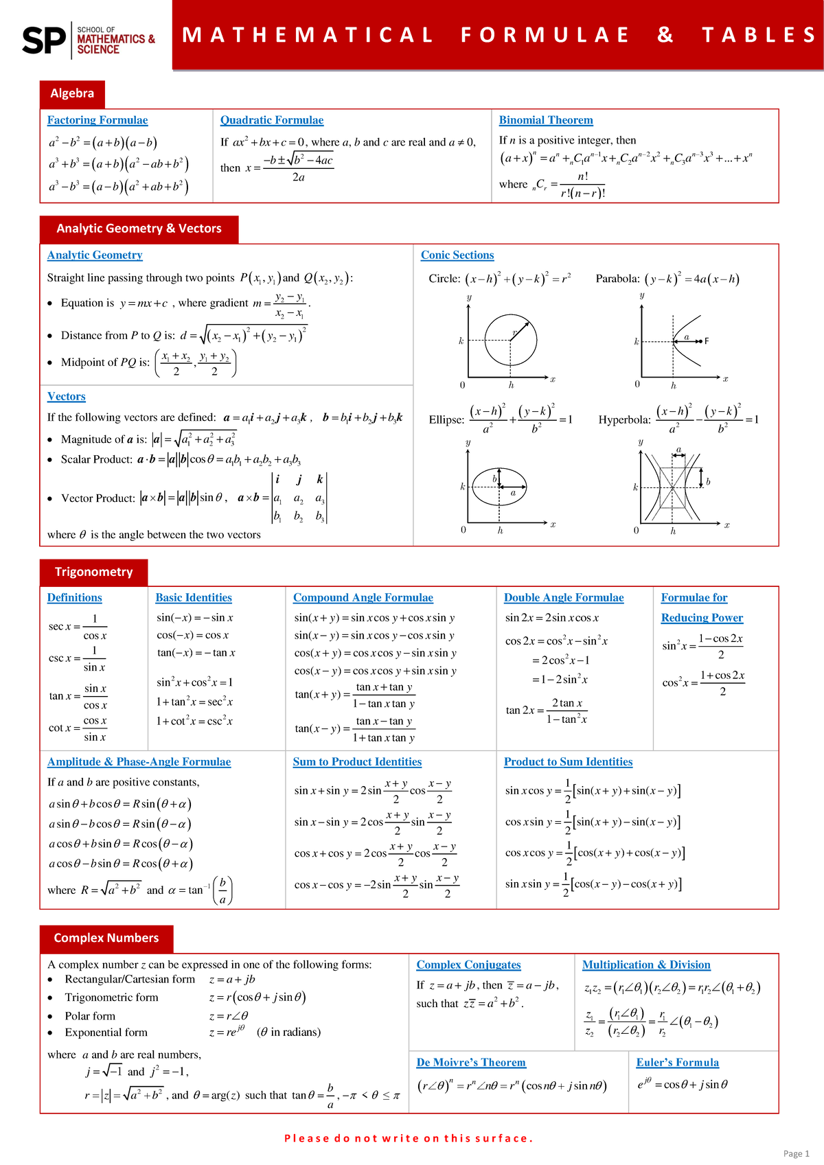 MS Formulae and Tables Card - P l e a s e d o n o t w r i t e o n t h i ...