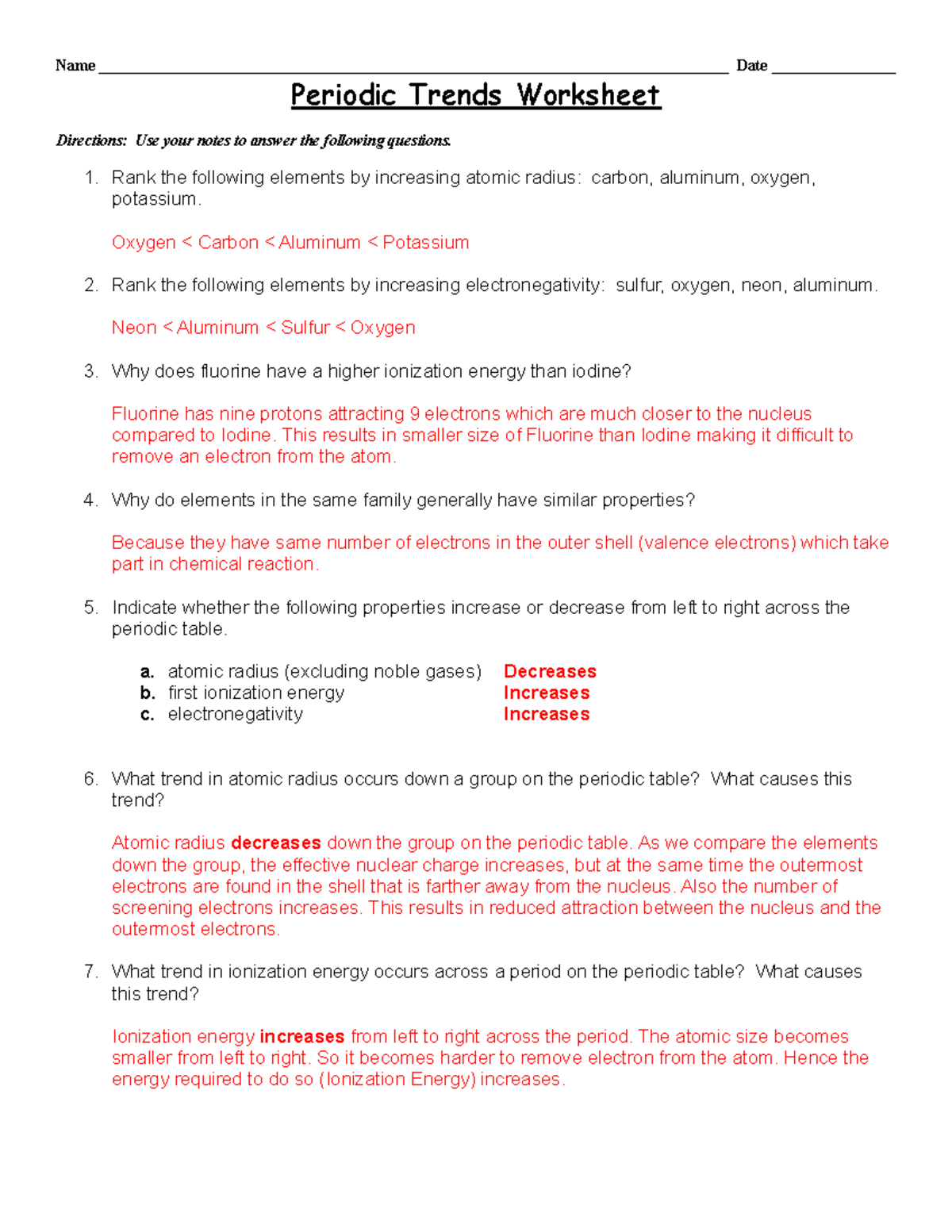 Dry Lab - Periodic trends-Answer Key - Name - Studocu