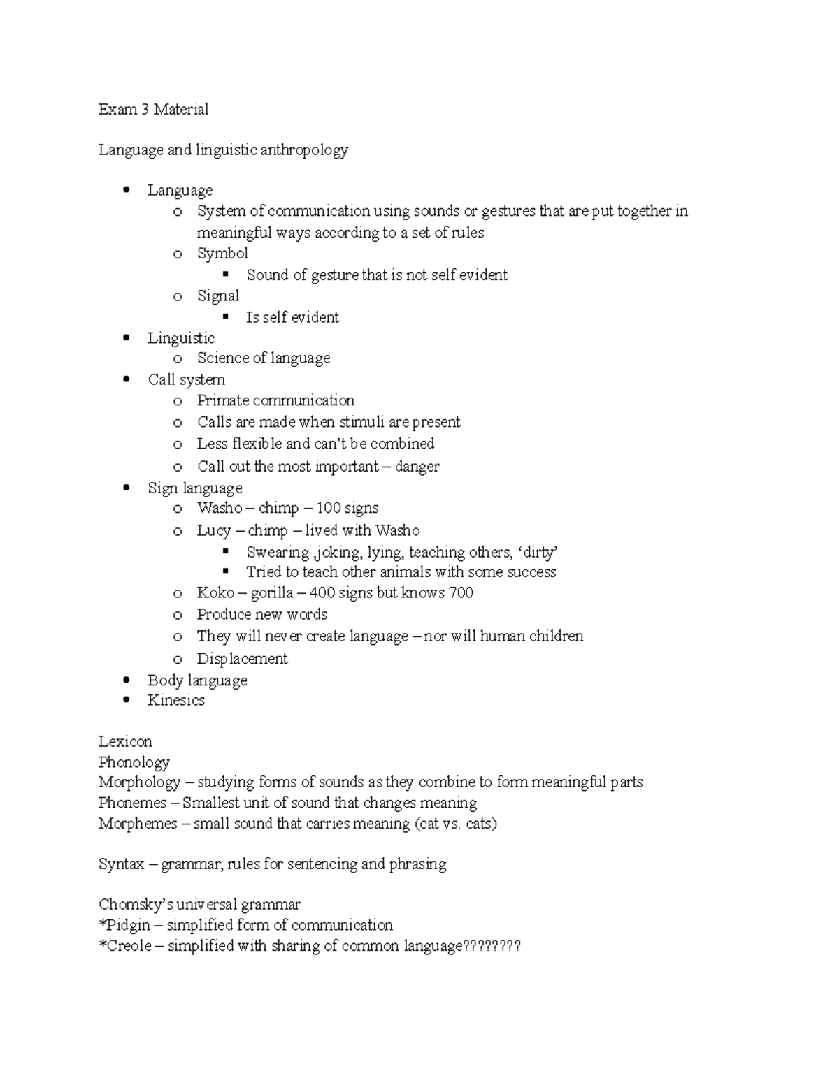 Exam 3 Material - Exam study guide - Exam 3 Material Language and ...