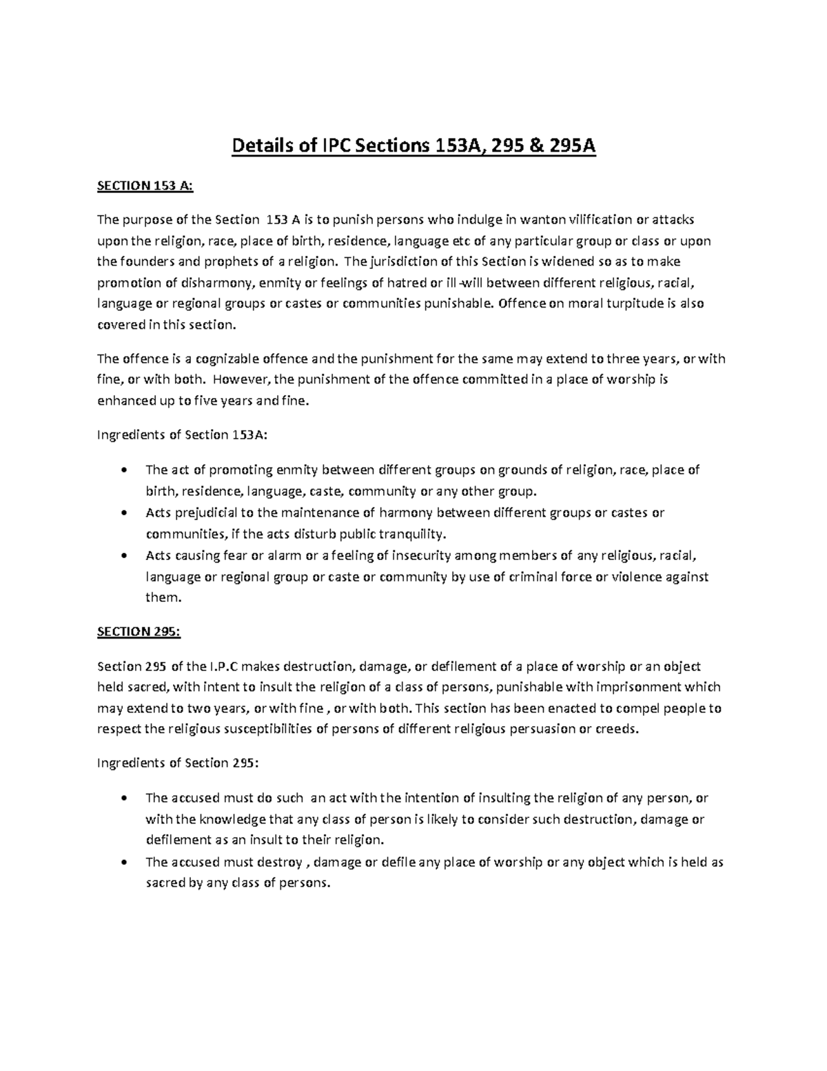 Details of IPC Sections 153A, 295 & 295A - The jurisdiction of this ...