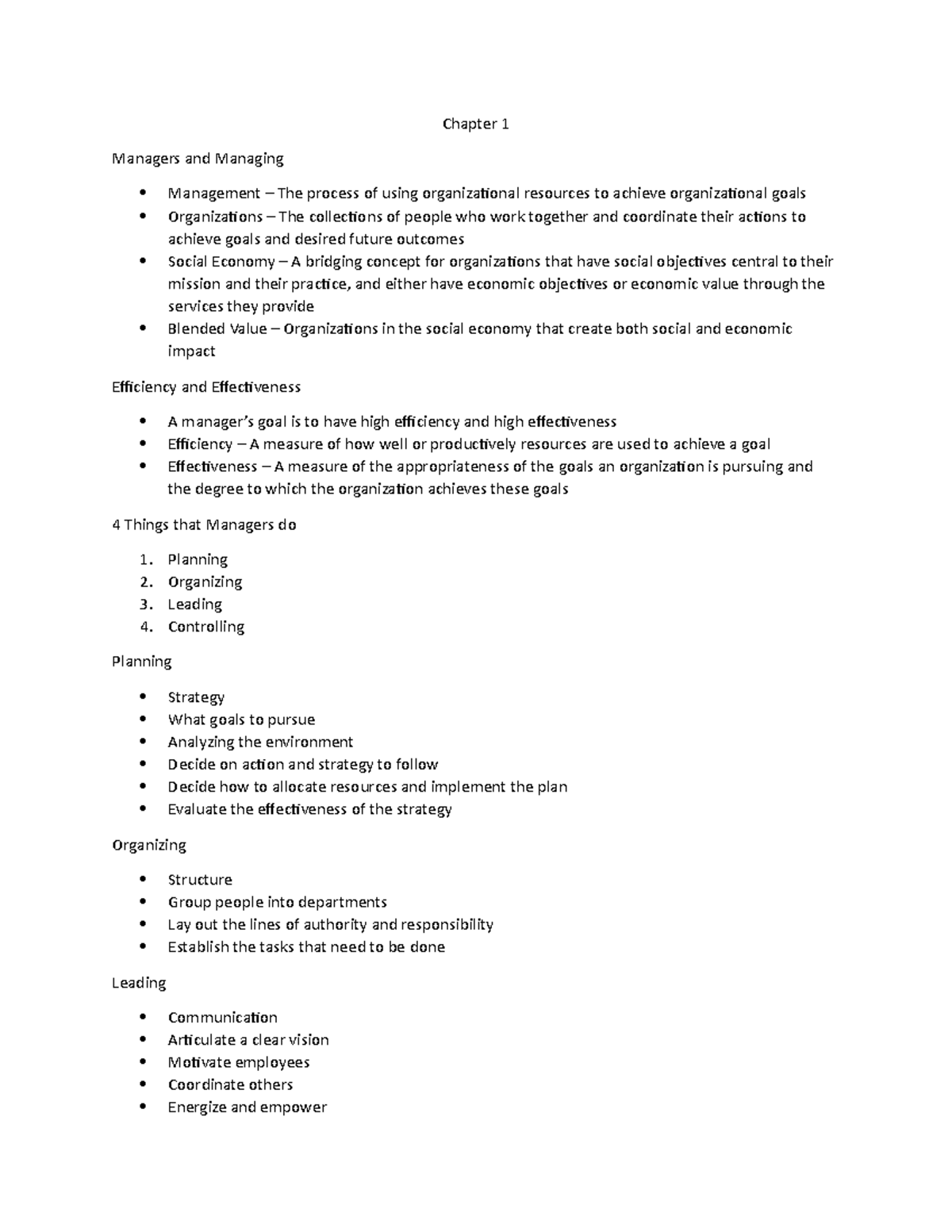 Chapter 1 - Chapter 1 Managers and Managing Management – The process of ...