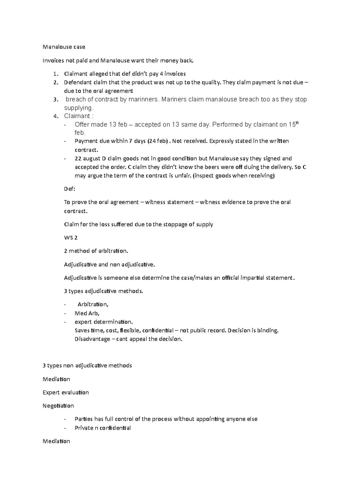 WS 2 Manalouse case 2 Manalouse case Invoices not paid and