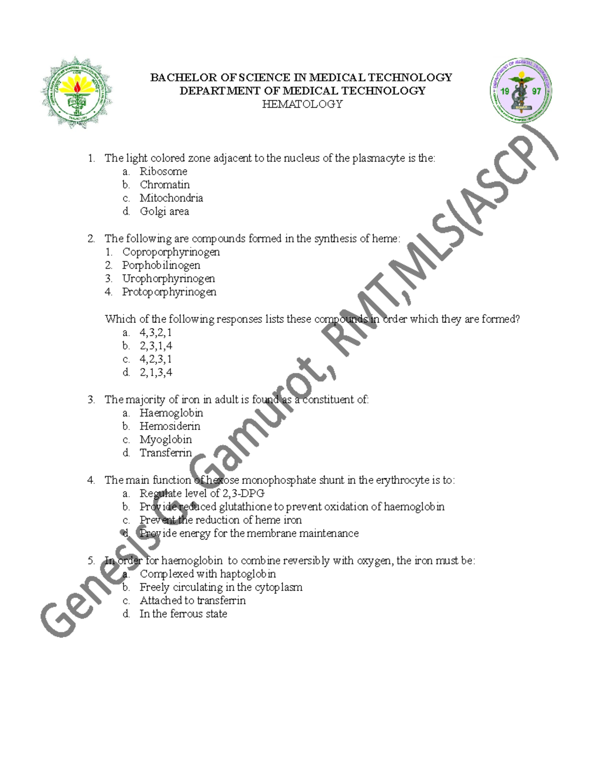 Hematology 1 Practice exam - BACHELOR OF SCIENCE IN MEDICAL TECHNOLOGY ...