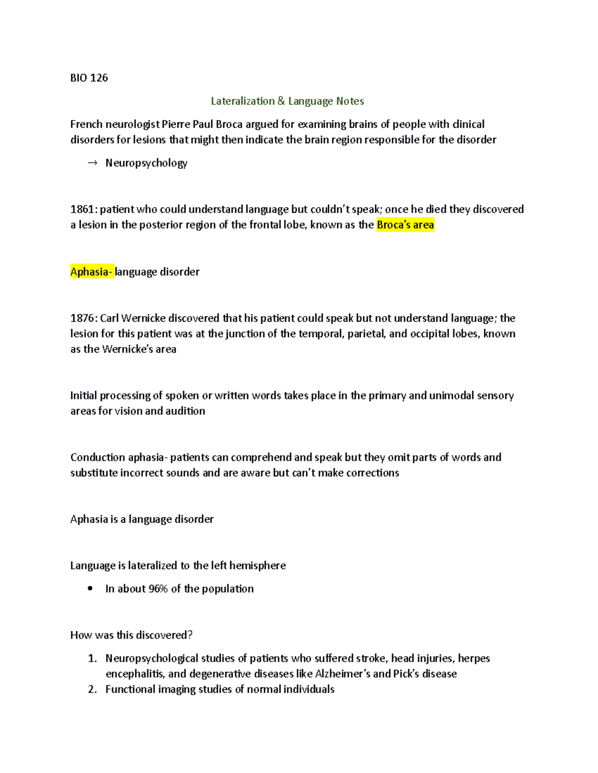 Lateralization and Language notes - BIO 126 Lateralization & Language ...