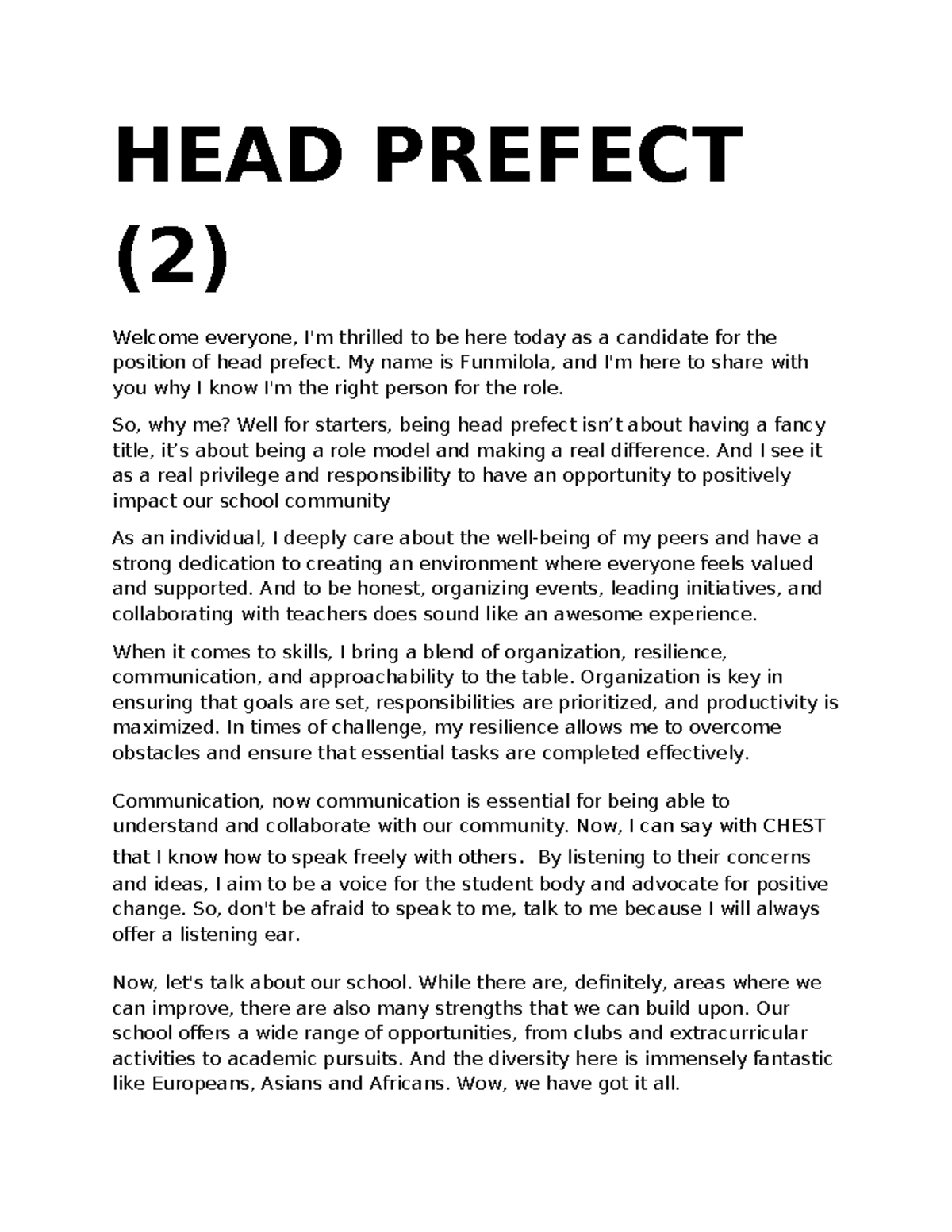 HEAD Prefect (2) - ITB - HEAD PREFECT (2) Welcome everyone, I'm ...