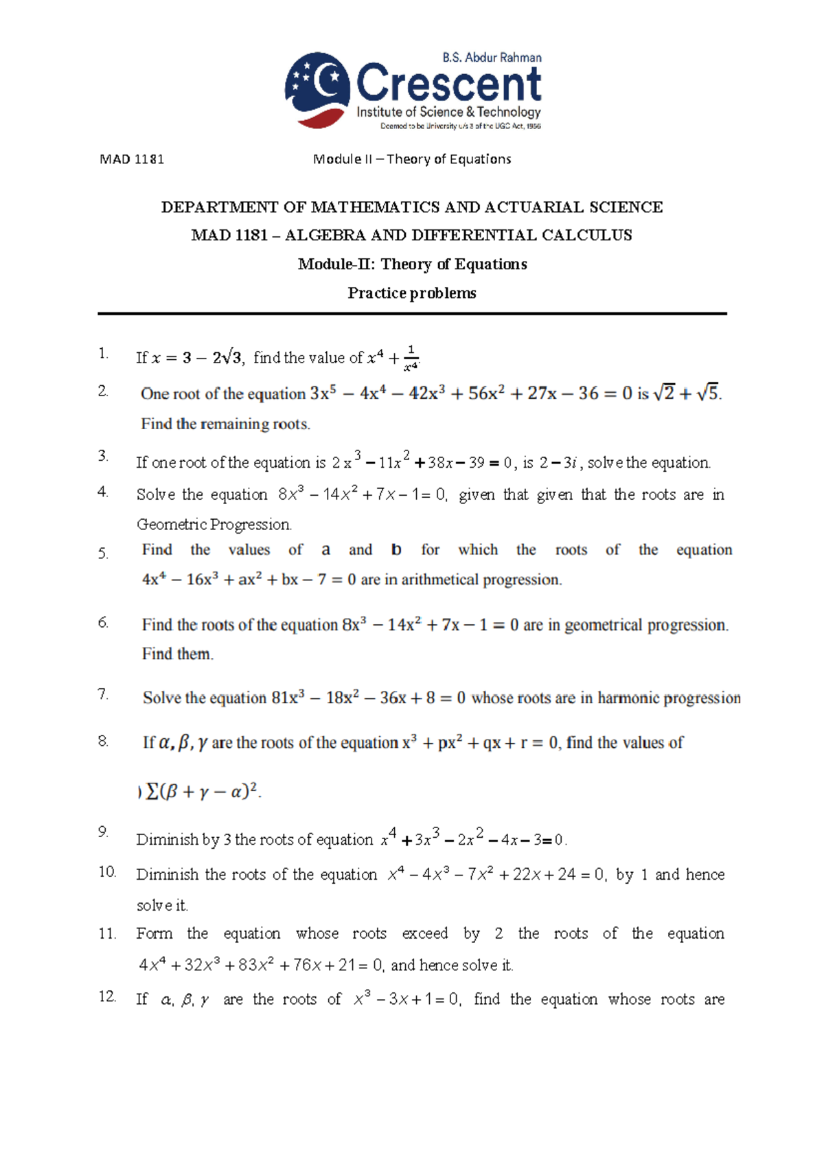 Tutorial - Module II - Theory of Equations - MAD 1181 Module II ...