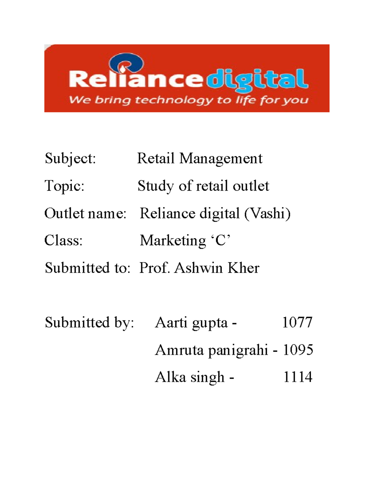 Pdf about introdudtion reliance digital 2 - Subject: Retail Management ...
