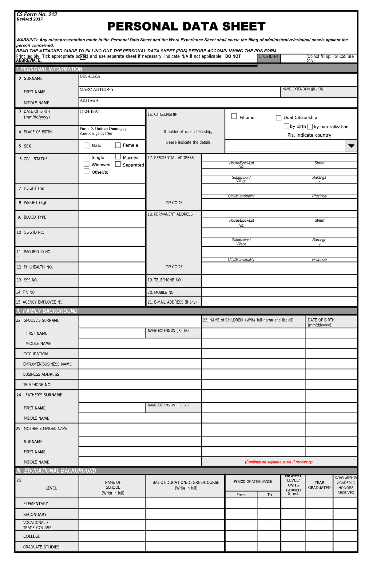 Personal Data Sheet CS Form No - CS Form No. 212 Revised 2017 PERSONAL ...