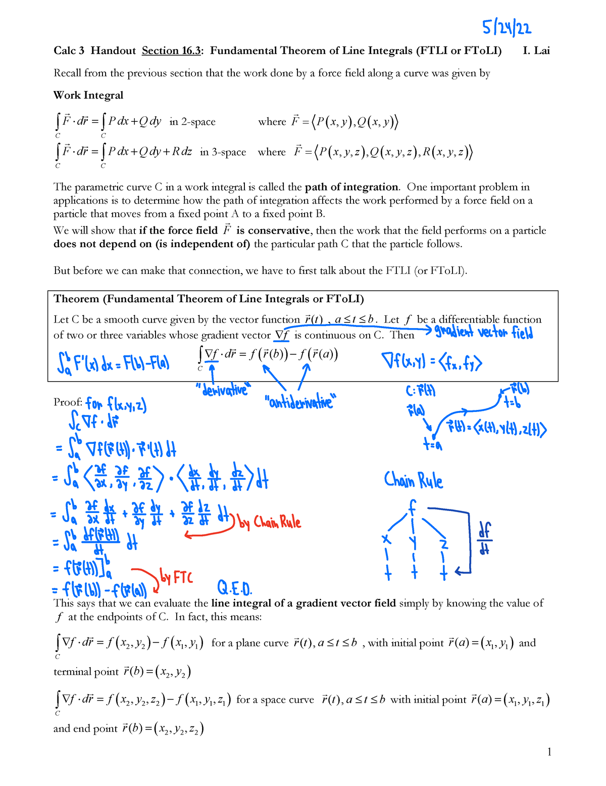 Fundamental Theorem Of Line Integrals Lesson 163 1 Calc 3 Handout Section 16 Fundamental 3797