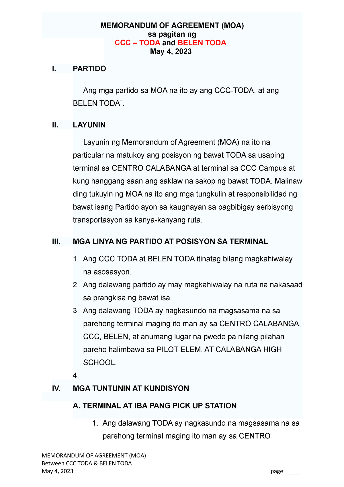 Memorandum Of Agreement Memorandum Of Agreement Moa Sa Pagitan Ng Ccc Toda And Belen Toda 9069