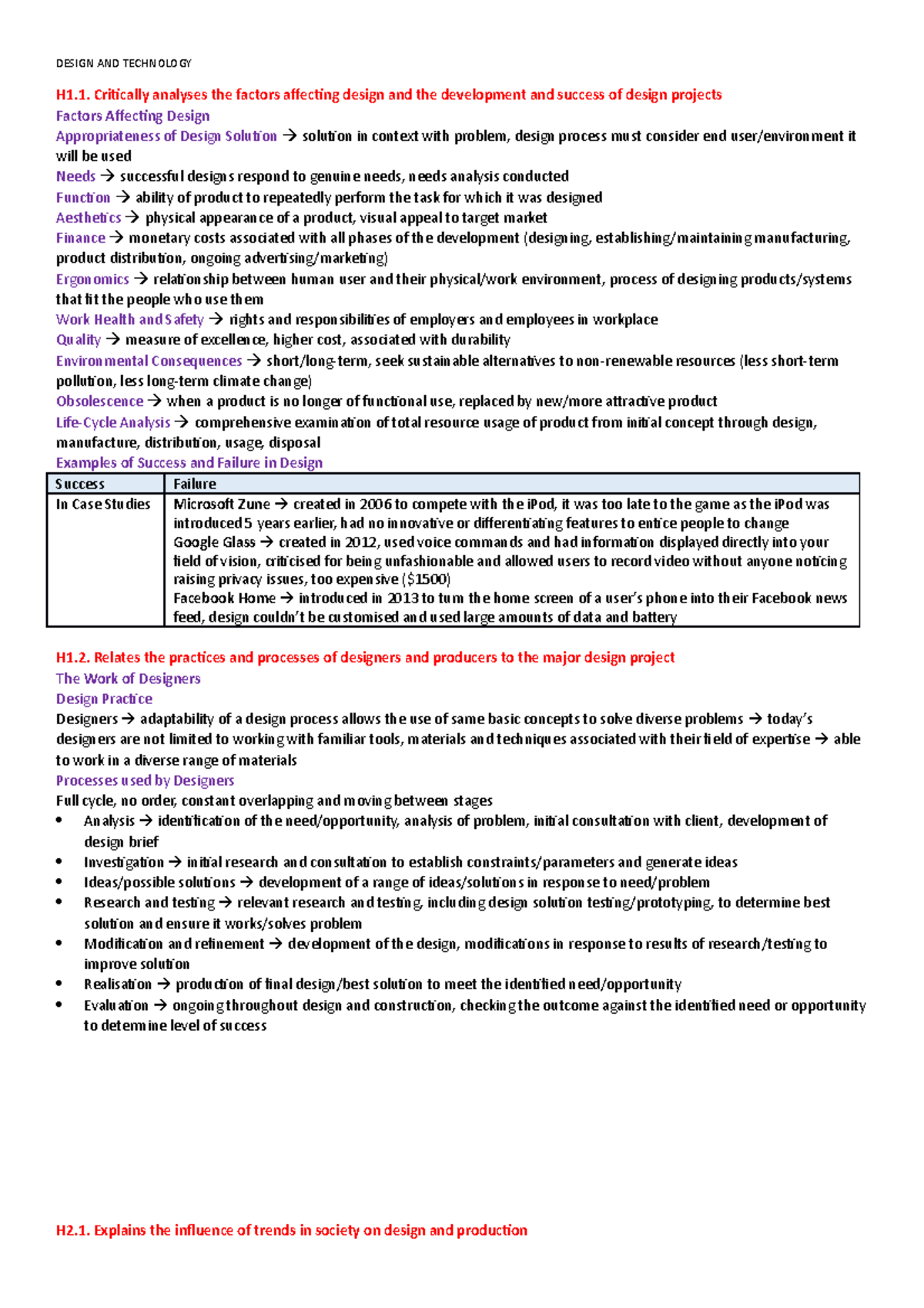 Design and Technology Notes - H1. Critically analyses the factors ...