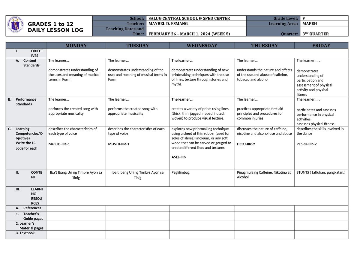 DLL Mapeh 5 Q3 W5 - LESSON - GRADES 1 To 12 DAILY LESSON LOG School ...