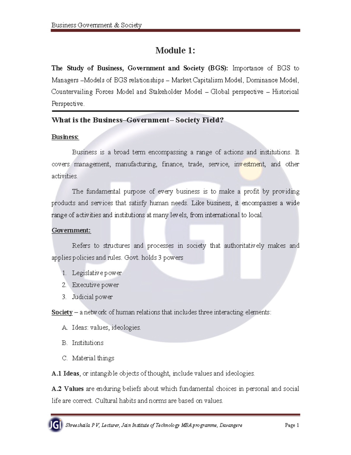 252013 285-BGS-Entire-Notes - Module 1: The Study of Business ...