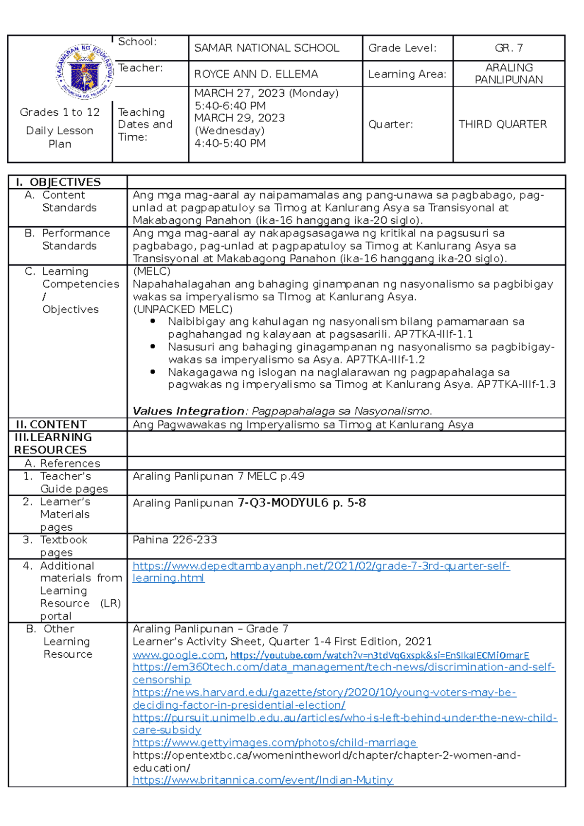 AP 7 Module 6 Lesson Plan - Grades 1 to 12 Daily Lesson Plan School ...