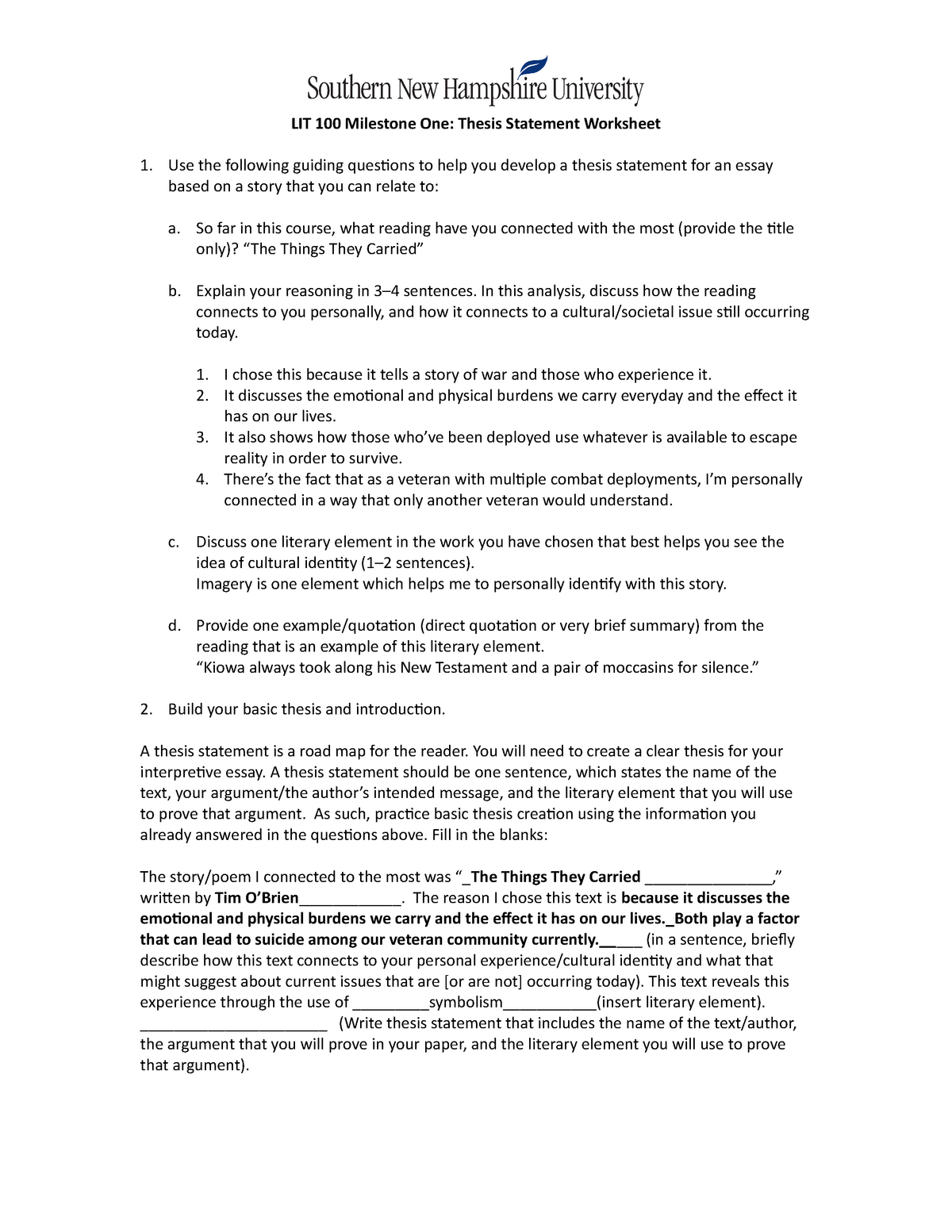 Milestone 22 Thesis Statement Worksheet - LIT 2200 Milestone One Intended For Identifying Thesis Statement Worksheet