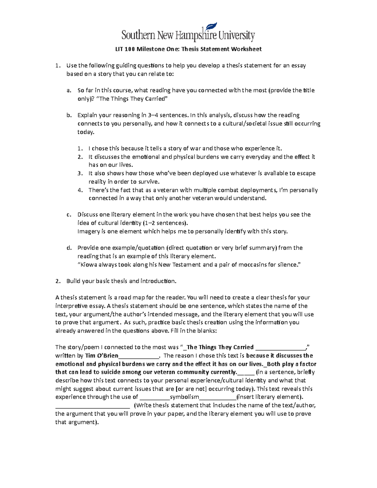 Milestone 22 Thesis Statement Worksheet - LIT 2200 Milestone One Intended For Identifying Thesis Statement Worksheet