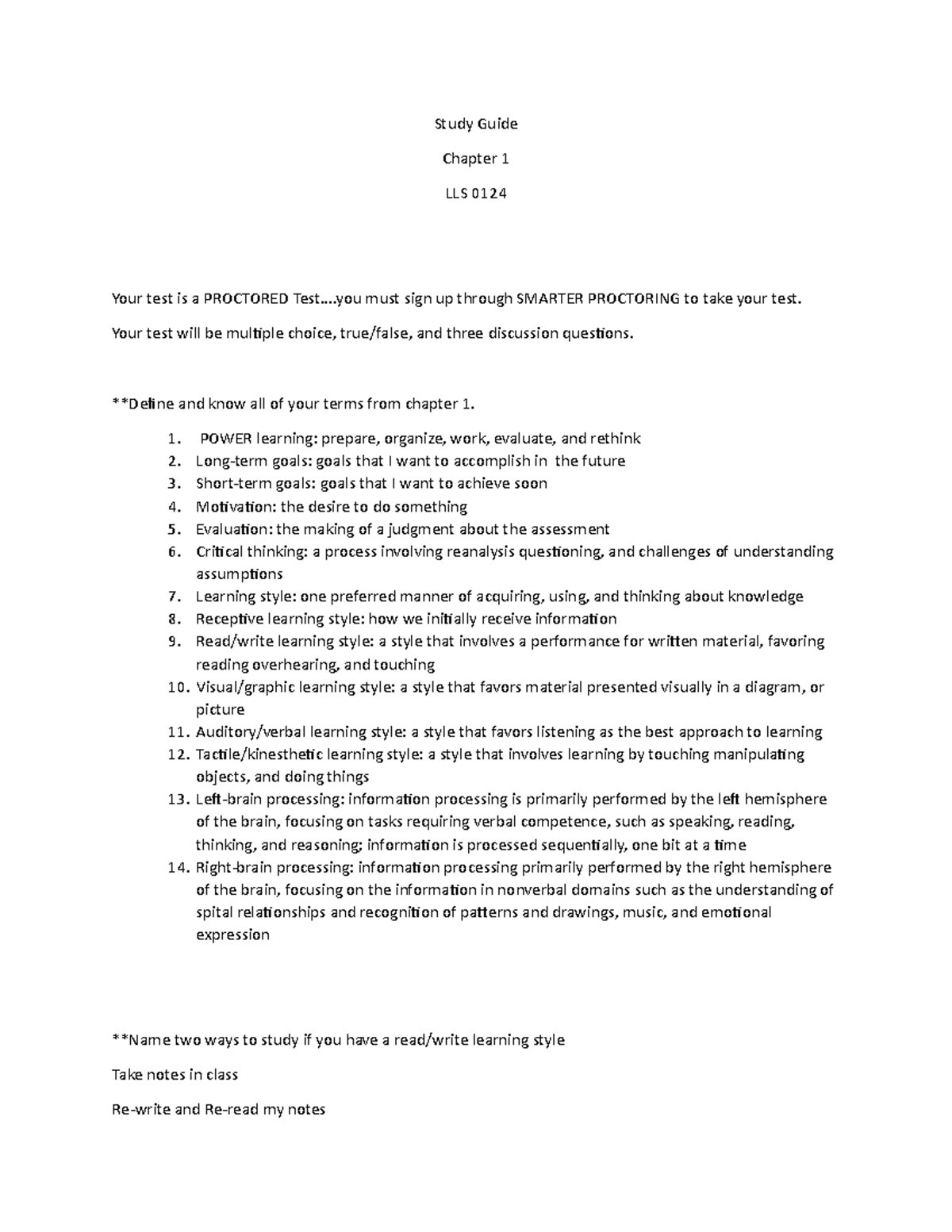 Proctored Test Chapter 1 Study Guide Study Guide Chapter 1 LLS 0124
