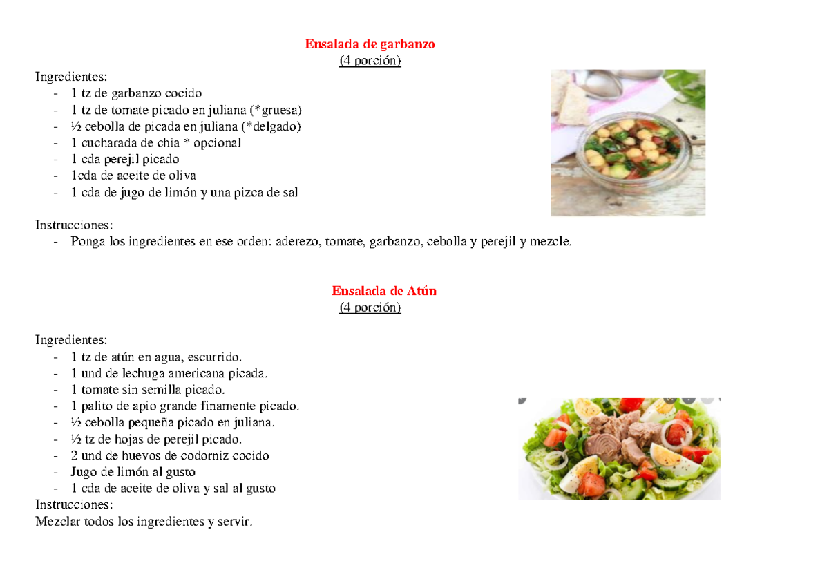 Ensalada para diabeticos Ensalada de garbanzo (4 porción