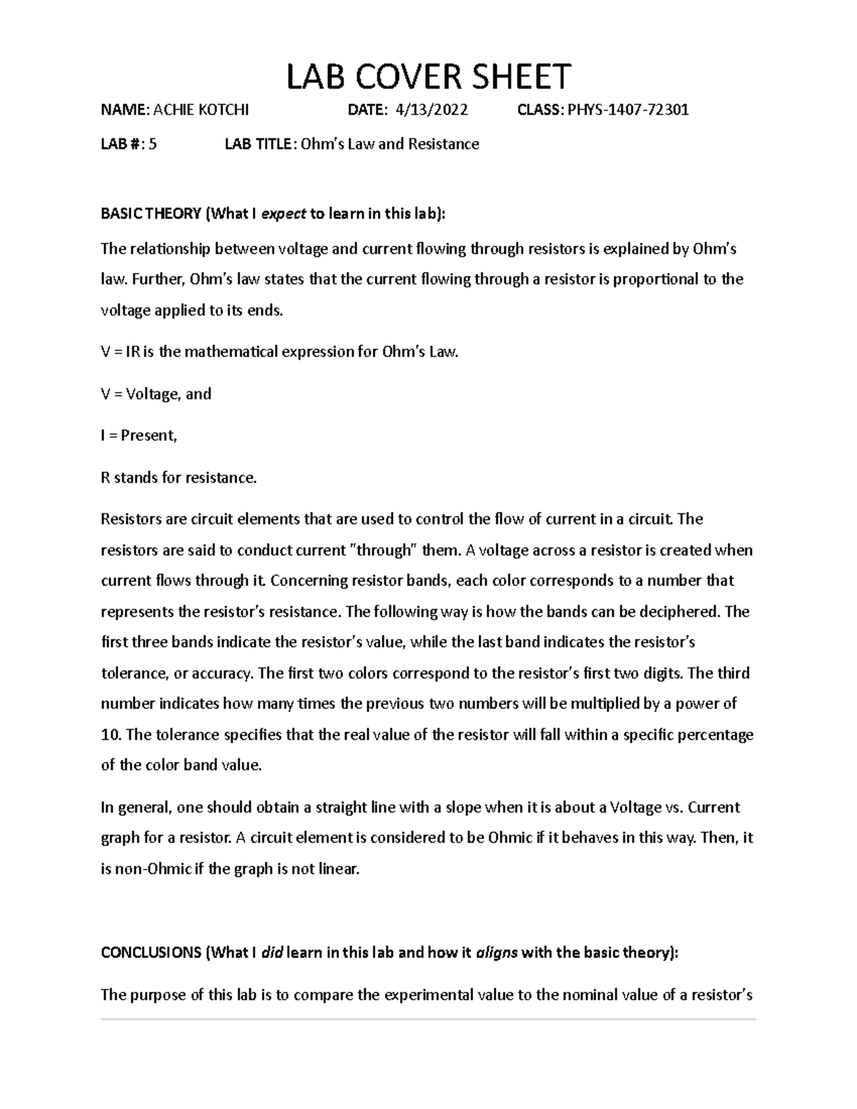 Lab Cover Sheet #5 - LAB COVER SHEET NAME : ACHIE KOTCHI DATE : 4/13 ...