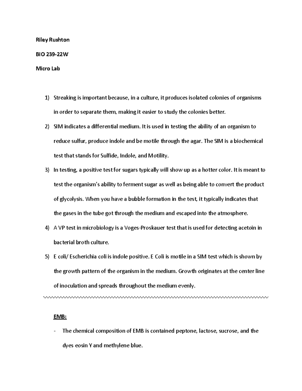 Micro Lab week 4 Riley Rushton BIO 23922W Micro Lab Streaking is